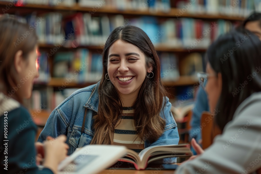 A group of university students chatting and reading books together in the library. A group of university students chatting and reading books together in the library.