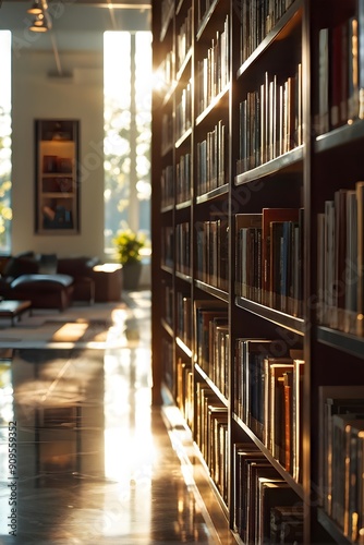 sunlight bathing an empty modern library with rows of sleek bookshelves