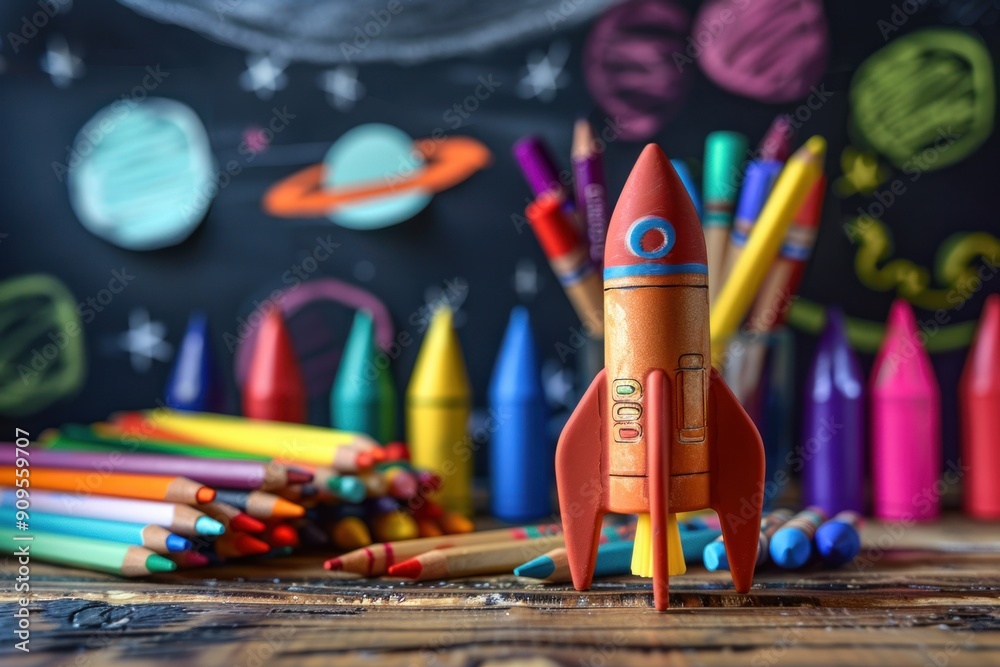 Obraz premium Elementary school children's drawing and craft equipment to create a rocket picture