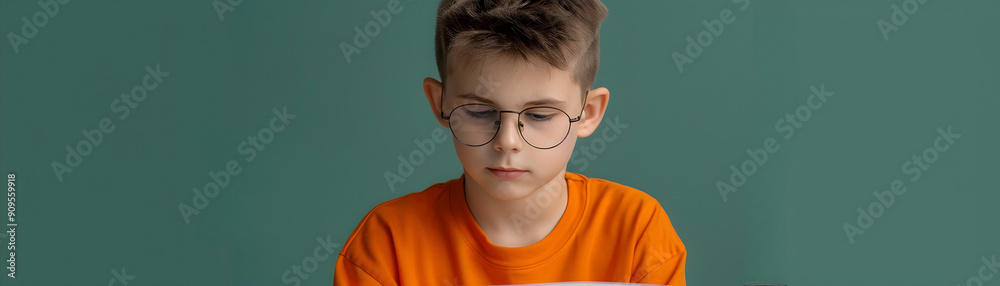 Young Boy Wearing Glasses Looking Down.