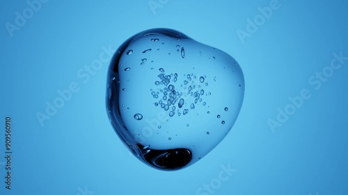 Air Bubble-Enriched Molecular Droplet 3D Abstract Animation on a blue background for beauty industry marketing, scientific research, and chemical advertising