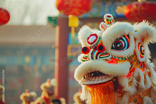 Chinese lion dance on high bamboo during the Chinese New Year festival photo