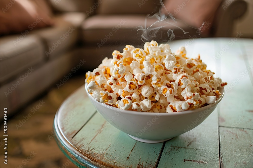 A bowl of popcorn is sitting on a wooden table A bowl of popcorn is sitting on a wooden table