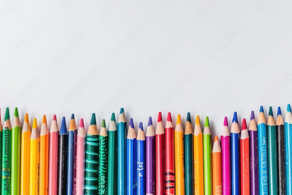 Study of colored pencils, many long pencils create a frame and copy space on a white background. Study of colored pencils, many long pencils create a frame and copy space on a white background.
