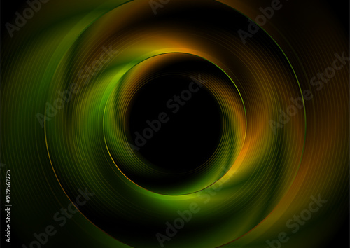 Glowing green orange blurred 3d circle and radial lines abstract tech geometric background. Vector futuristic design