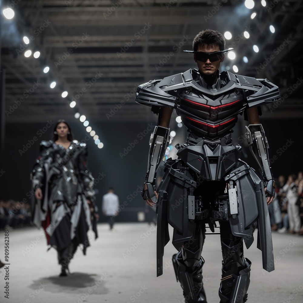 Fototapeta premium Cyberpunk Fashion Show Featuring High-Tech Armor Suits