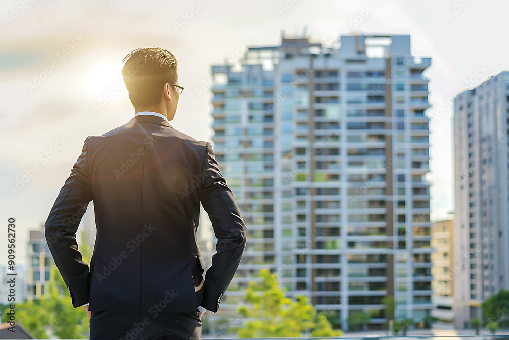 A businessman in a suit overlooking a modern cityscape, reflecting on urban development and business opportunities as the sun rises. A businessman in a suit overlooking a modern cityscape, reflecting on urban development and business opportunities as the sun rises.