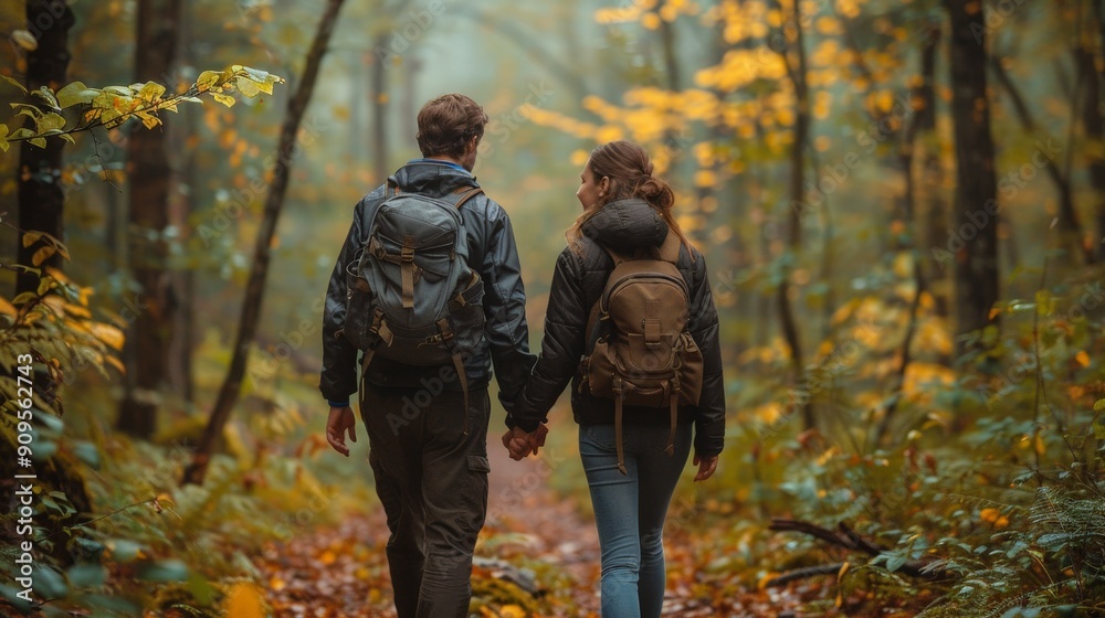 A couple holding hands while walking through a forest, serene environment A couple holding hands while walking through a forest, serene environment
