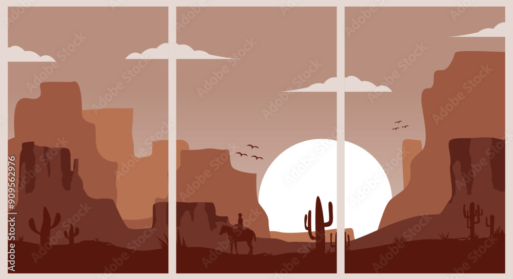Εκτύπωση καμβά bundle of arizona desert with sun, cowboy and cactus poster vector illustration