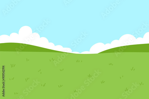Green field with grass blue sky background illustration