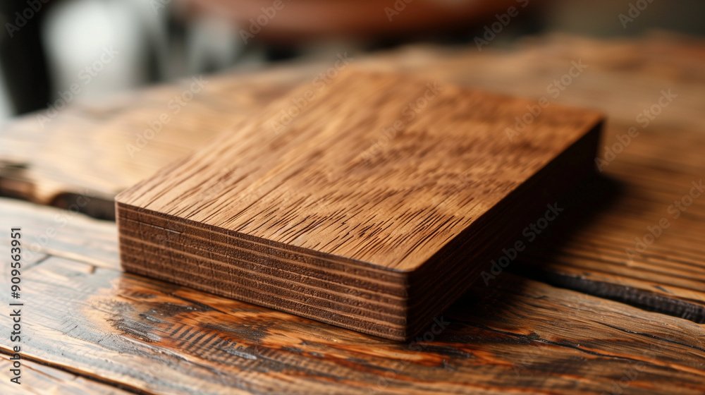 Close-Up of a Smooth Wooden Block Resting on a Rustic Table in a Cozy Cafe Close-Up of a Smooth Wooden Block Resting on a Rustic Table in a Cozy Cafe