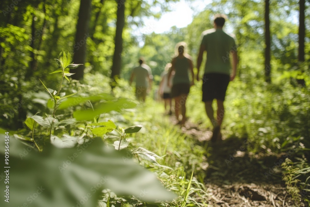 Adult Mixed Group Slow Walking Through Forest in Daytime, Focusing on Breath and Steps, Capturing Calm and Authentic Moments Adult Mixed Group Slow Walking Through Forest in Daytime, Focusing on Breath and Steps, Capturing Calm and Authentic Moments
