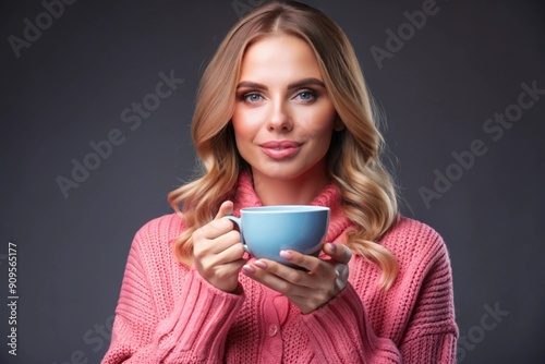 Beautiful woman in pink sweater with cup,generative ai