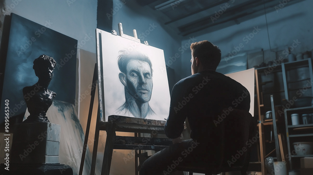 A artist painting, drawing, or working on a sculpture in a bright, creative studio space, highlighting the creative process A artist painting, drawing, or working on a sculpture in a bright, creative studio space, highlighting the creative process