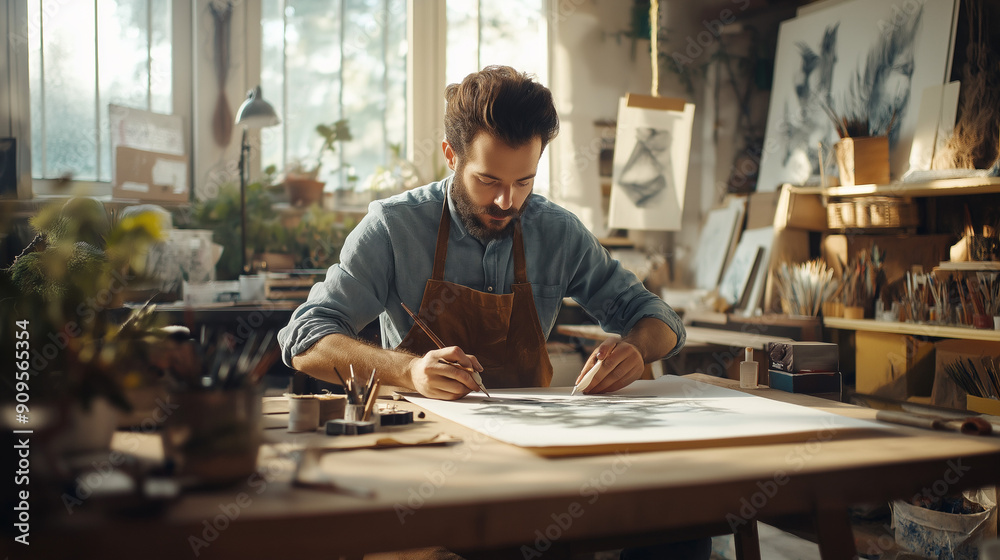 A artist painting, drawing, or working on a sculpture in a bright, creative studio space, highlighting the creative process A artist painting, drawing, or working on a sculpture in a bright, creative studio space, highlighting the creative process