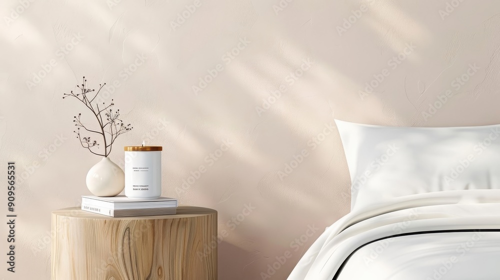 Minimalist bedroom with textured wall and bedside table with books and candle. Minimalist bedroom with textured wall and bedside table with books and candle.