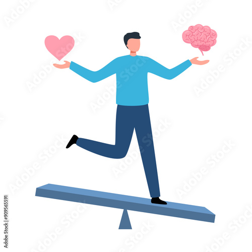 Man comparing logic thinking and intuition on scales. Male character standing on scale holding brain and heart. Emotional instincts and logic balance concept. Mind vs emotion.