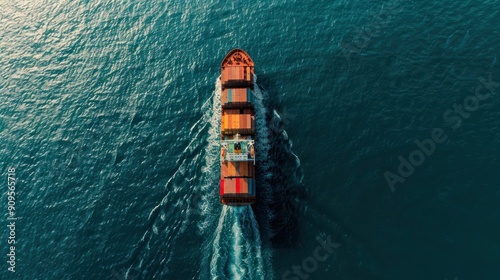 Bird's-eye view of a container cargo maritime ship, highlighting the logistics and transportation of goods across the ocean. 