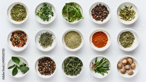 Bird's-eye view of diverse herbs and spices, emphasizing their nutritional benefits and culinary uses, isolated on a background. 