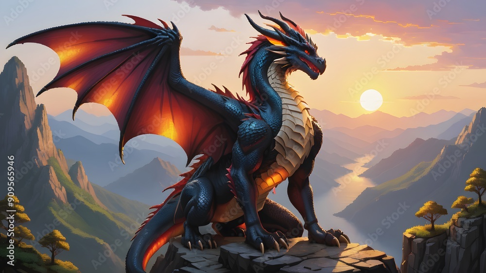 Fierce Pixel Art Dragon Perched on Craggy Mountain at Sunset Fierce Pixel Art Dragon Perched on Craggy Mountain at Sunset