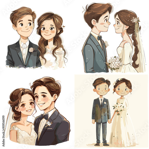 A collection of drawings of couples in wedding attire. The drawings are of a man and woman in a wedding dress and suit. The mood of the images is happy and romantic