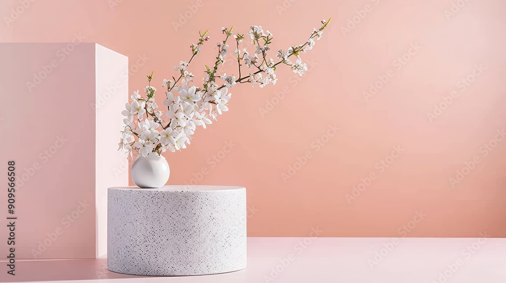 Minimalist still life with podium adorned with flower. Minimalist still life with podium adorned with flower.