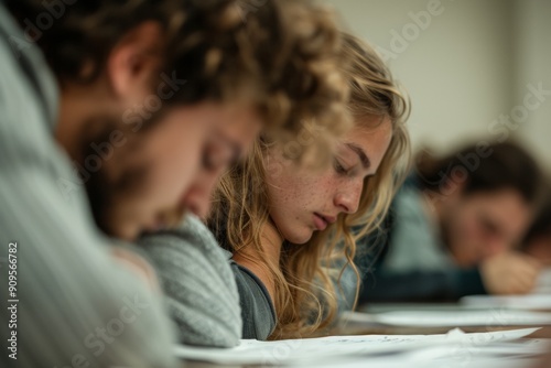 Young Diverse Students Engaged in Group Study Session at Classroom Desks, Afternoon, Collaborative Learning, Casual Clothing, Supportive and Interactive Academic Environment