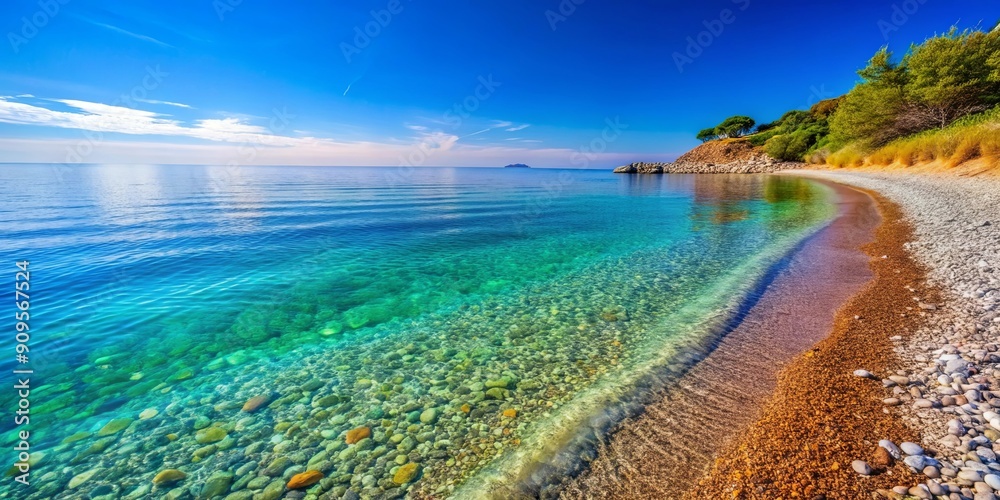 Obraz premium Colorful gravel coast with crystal clear blue sea water during daytime, gravel, coast, colorful, crystal clear, blue, sea water