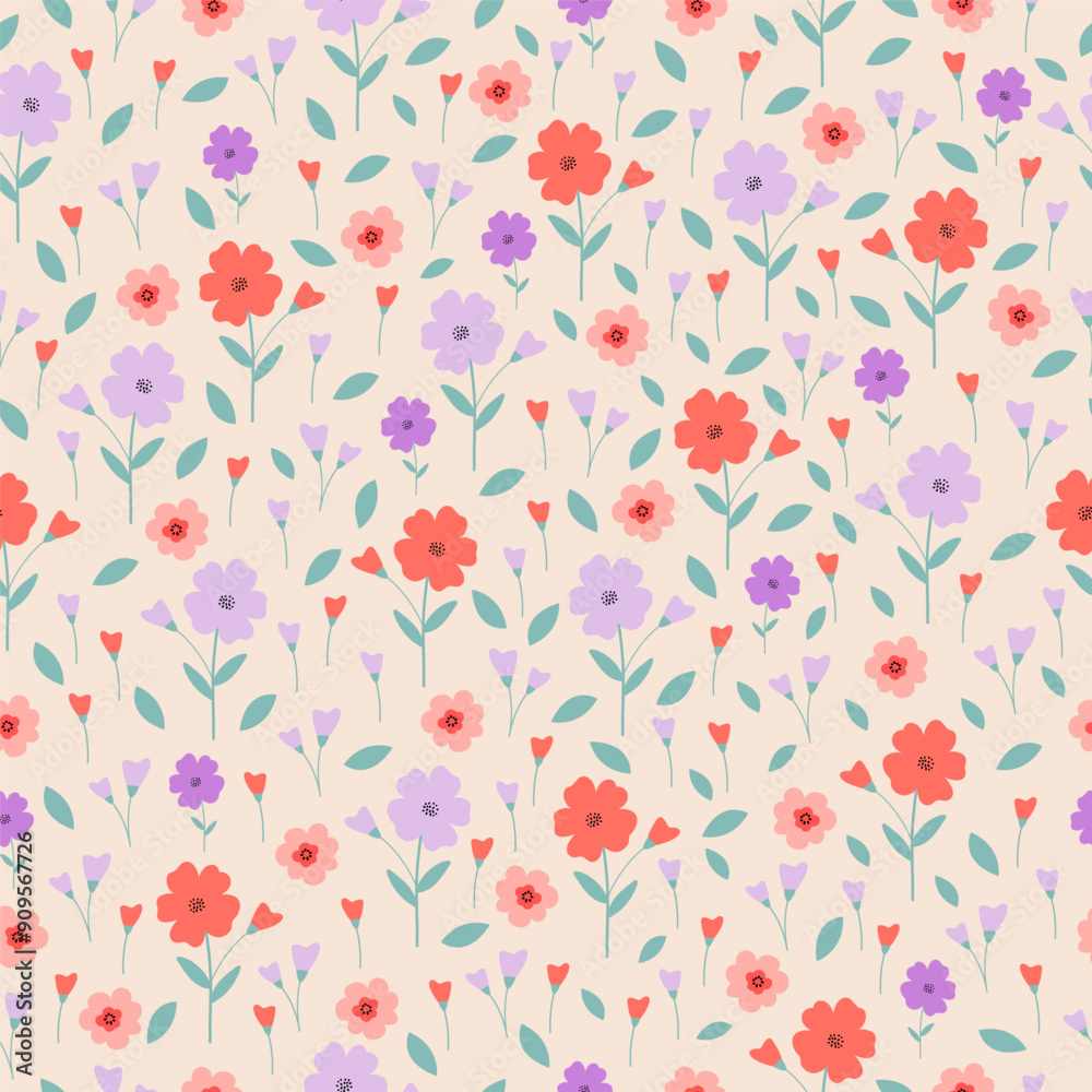 Seamless pattern with small flower blossom garden. Cute hand drawn floral pattern for your fabric, summer background, wallpaper, backdrop, textile.
Seamless pattern with small flower blossom garden. Cute hand drawn floral pattern for your fabric, summer background, wallpaper, backdrop, textile.