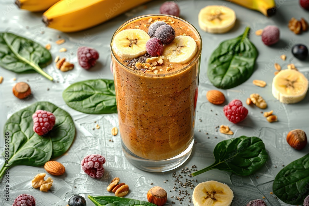 a glass of banana and berry smoothie surrounded by berries and banana a glass of banana and berry smoothie surrounded by berries and banana