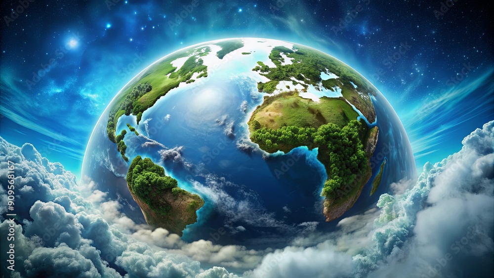 Fototapeta premium Planet Earth surrounded by beautiful blue oceans, lush green forests, and white clouds, earth, planet, nature, globe