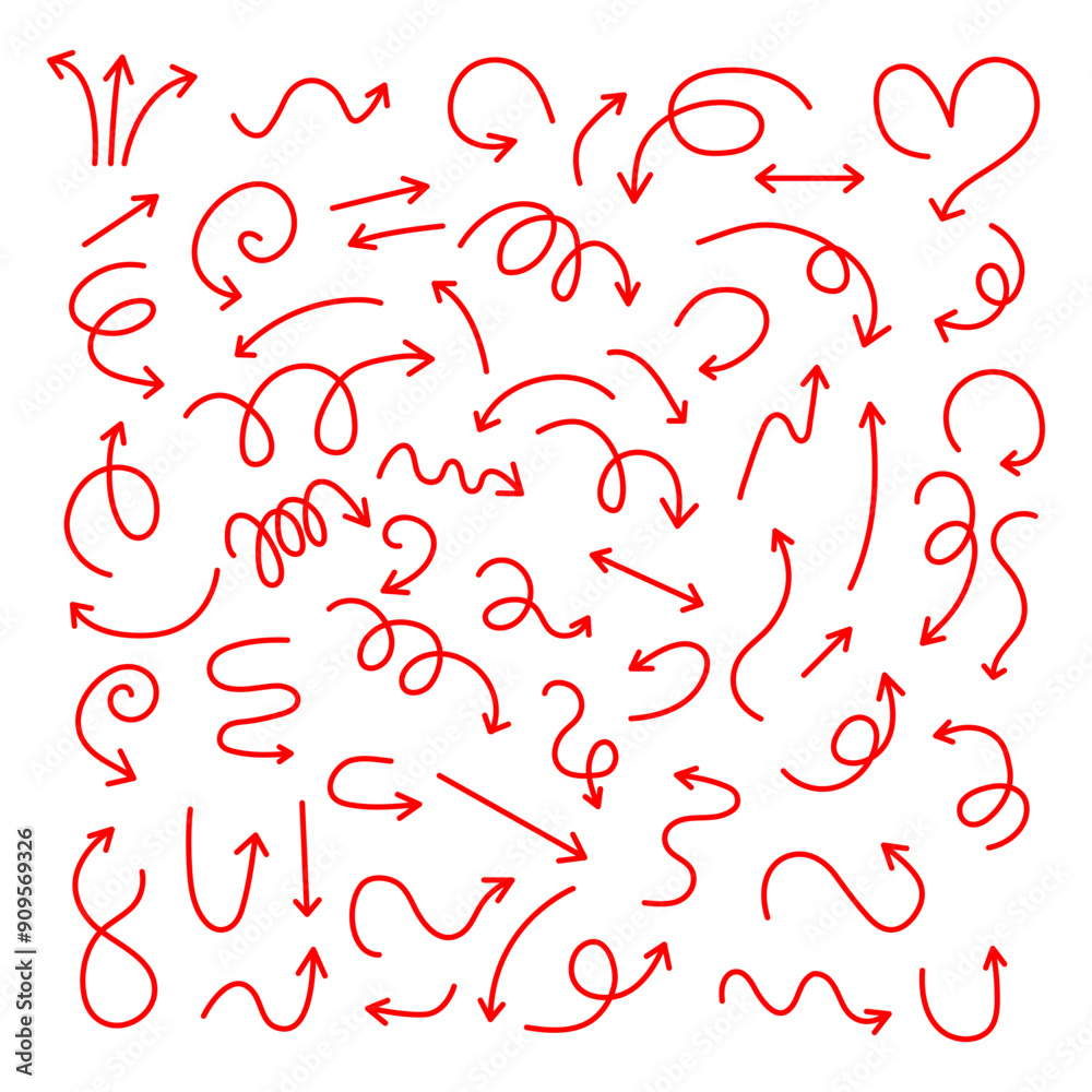 Set of red, hand drawn, doodle spiral arrows. Set of red, hand drawn, doodle spiral arrows.