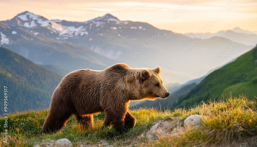 A brown bear walks along a mountain ridge at sunrise