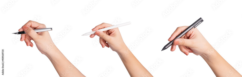Female hand holding digital pen, isolate on white background. Female hand holding digital pen, isolate on white background.