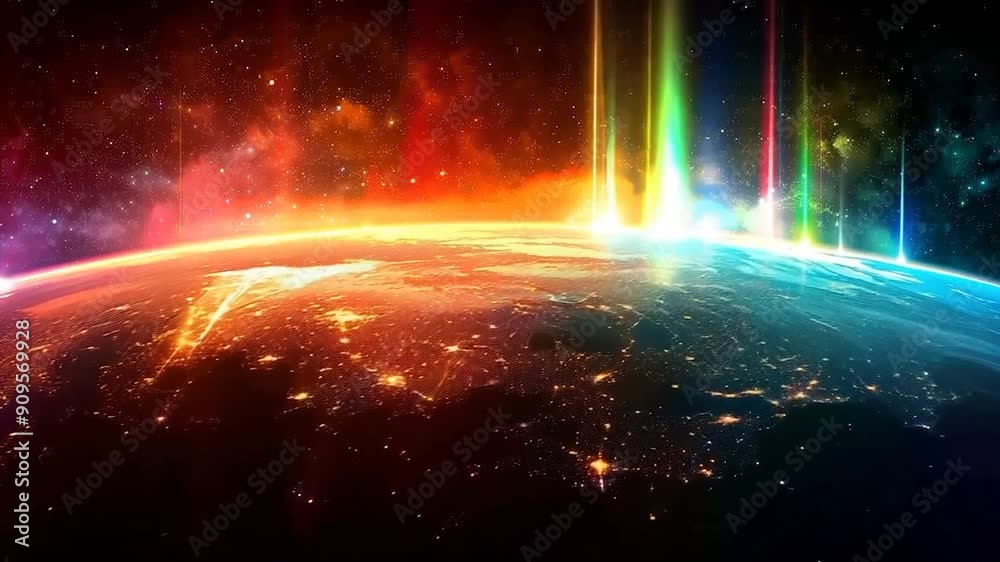 Bright lights and colors illuminate the night side of Earth, showcasing vibrant hues and city lights against a starry backdrop Bright lights and colors illuminate the night side of Earth, showcasing vibrant hues and city lights against a starry backdrop