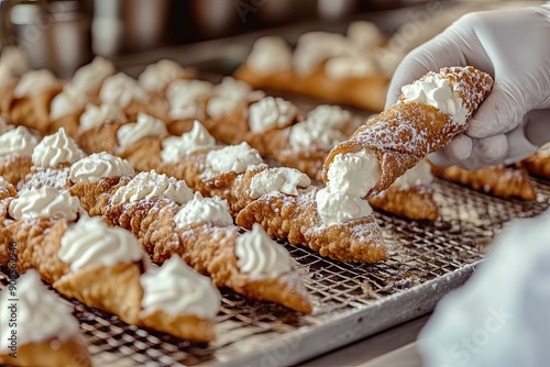 Close shot of many crispy cannolis on the foreground while a baker fills the last one with ricotta (425)-art-scale-6_00x.jpeg, Close shot of many crispy photo