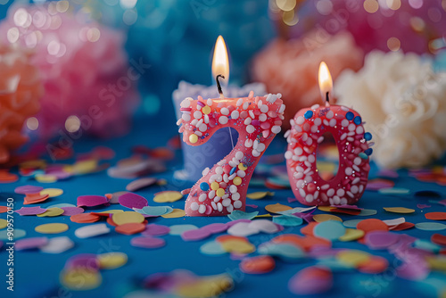 Candles shaped as “70” on a colorful background with confetti. 70th-anniversary celebration photo