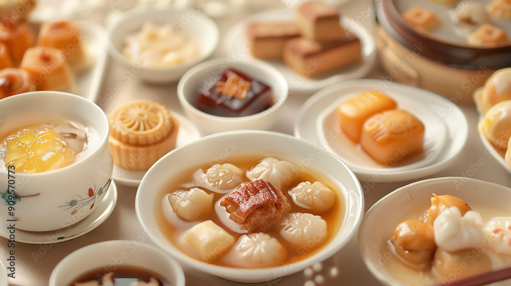 A Colorful Array of Traditional Delicacies Displayed on a Table for Family Gathering in the Afternoon A Colorful Array of Traditional Delicacies Displayed on a Table for Family Gathering in the Afternoon