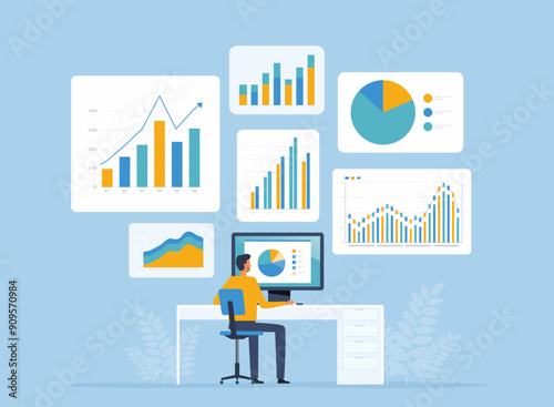 business data analyst and business finance investment concept with businessman work on computer and report dashboard. flat vector illustration design 