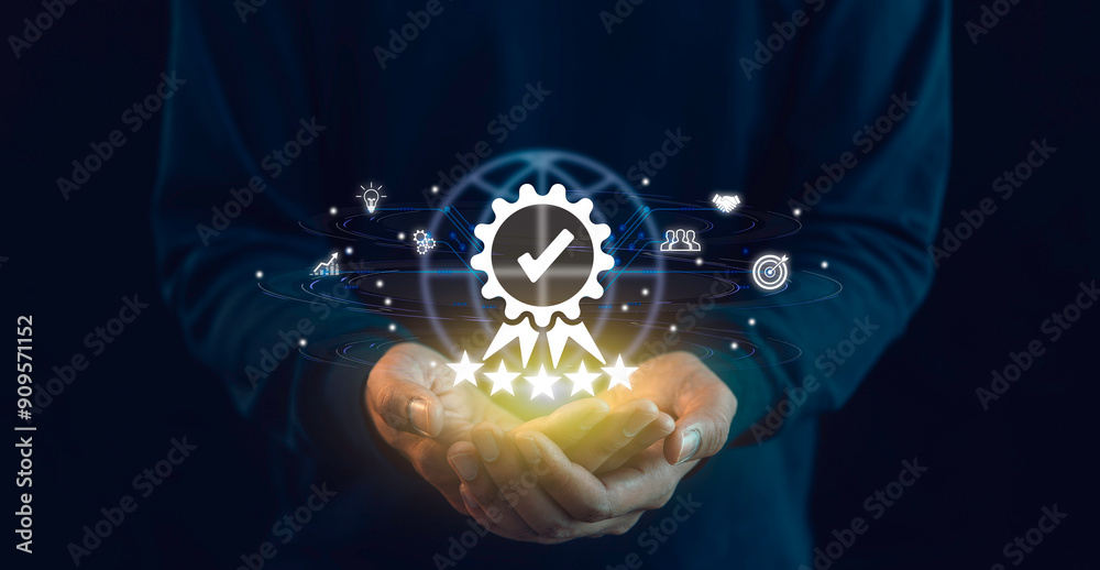 the certificate concept, international standard certification of product, Hand shows sign of top service Quality assurance, Guarantee, Standards, ISO certification and standardization.