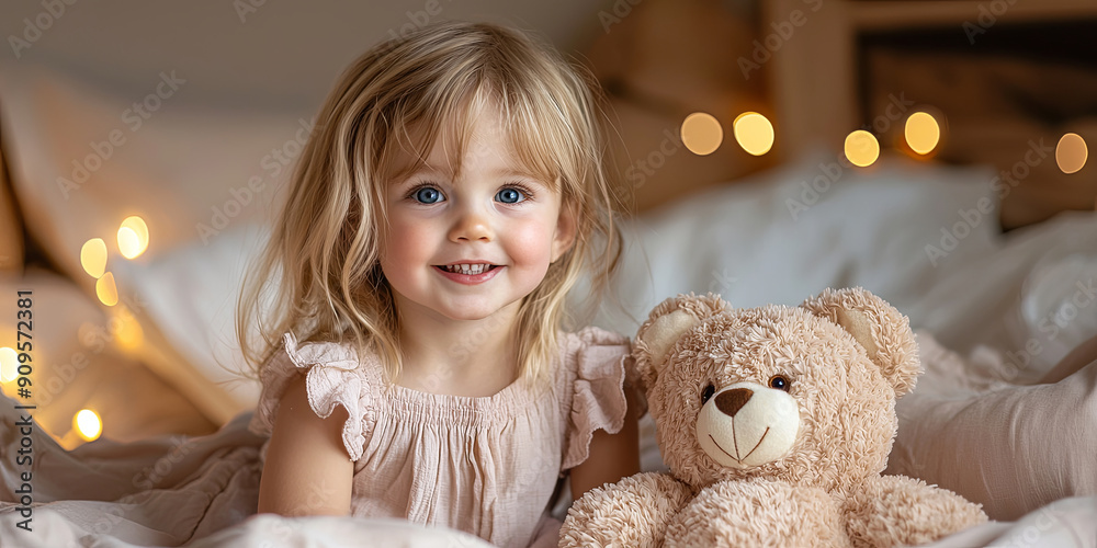 A little girl with blonde hair and blue eyes is sitting on the bed, smiling at her teddy bear, generative AI A little girl with blonde hair and blue eyes is sitting on the bed, smiling at her teddy bear, generative AI