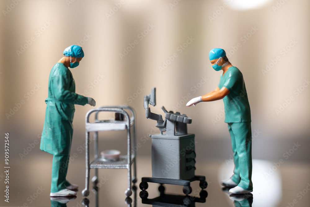 Φωτογραφία Miniature figures of healthcare professionals dressed in green surgical scrubs and masks, standing on a reflective surface