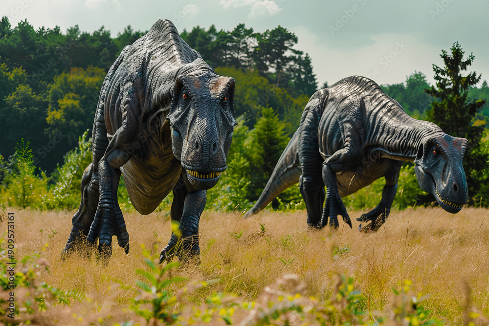 Fototapeta premium Dinosaurs from the Triassic period in a grassy landscape