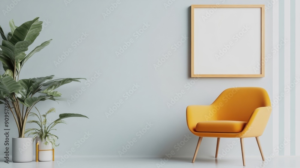 Minimalist space with bright armchair and empty frame on pastel striped wall. Minimalist space with bright armchair and empty frame on pastel striped wall.