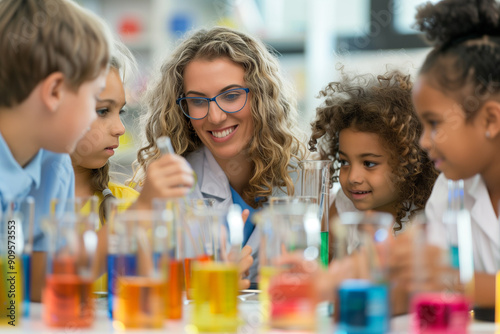 Teacher and students work together to study test tubes in experiment laboratory class. photo