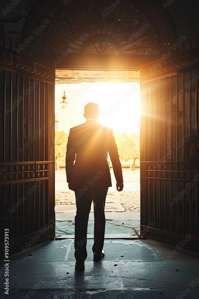 Obraz premium Businessman stepping into a bright light through an open gate