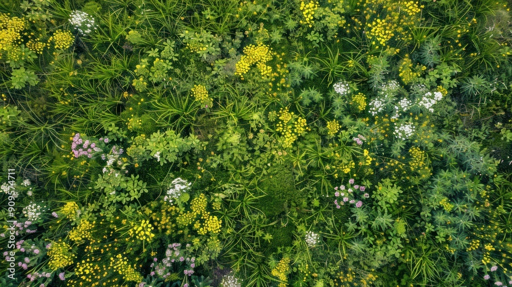 Fototapeta premium An overhead shot of a patchwork of grass and wildflowers