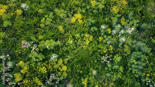 An overhead shot of a patchwork of grass and wildflowers