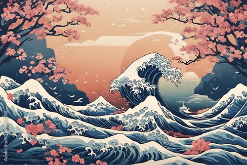illustration ocean japanese wave wallpaper style great sea japan background landscape drawing nature kanagawa beach sky summer water blue kamakura island asia surf wind cloud symbol travel view flag