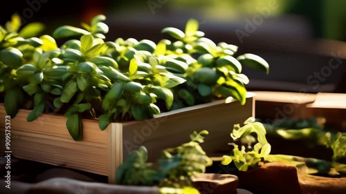 Growing fresh herbs in a wooden planter under sunny conditions photo